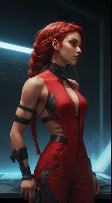 1 Egyptian woman in profile ,close up angle, red hair braids, Sexy short jumpsuit clothes,( torn shirtless jumpsuit),seios grandes , ,fundo cyberpunk neon a noite ,8K Ultra realista