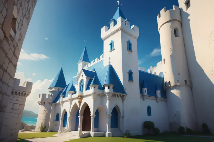 Criar um castelo , com as cores azul, branco, medieval misturado com moderno, estilo realista