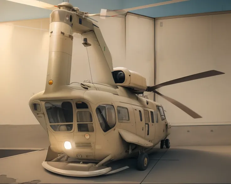 Beige helicopter on cement track and with open door.