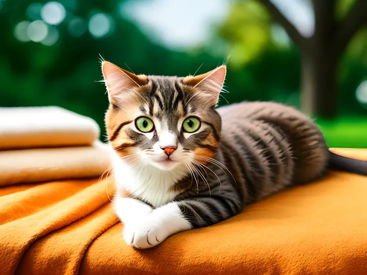 Warm afternoon， The cat lay comfortably on the blanket，The details of the cat stand out，Background bokeh，Cats have bright eyes，The coat color is gentle，8k，a warm color palette