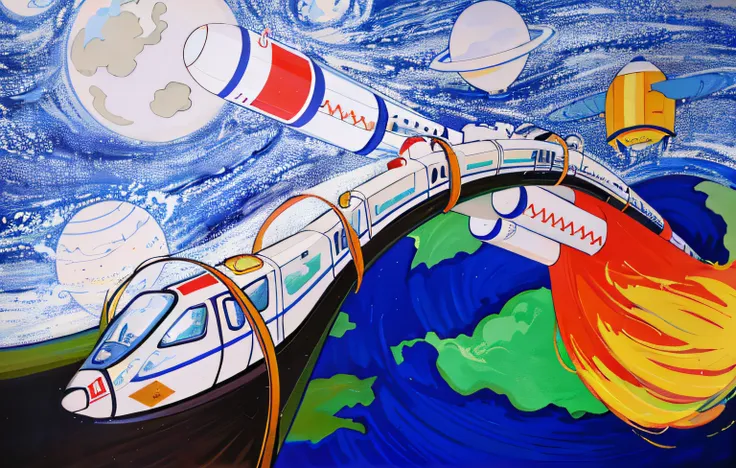 Painting of a train moving on earth，Rockets come out of it, big train in space, supersonic trains and passengers, Inspired by Robert McCall, painting of ornate space ship, Inspired by Boris Kustodiev, spaceship in the sky, author：Luis Molinari, space touri...