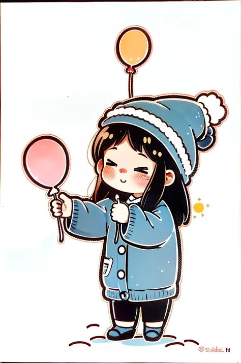 Cute cartoon, chibi girl, Cute cartoon style, cute character, Cute anime, Chibi anime girl, cute artwork, Cute anime style, Anime moe art style，balloons，Skysky，Clouds，adolable，sprout，围巾，Winter hat，himawari，baby cats，snowflower，Angry cute blush，yukito，dance...