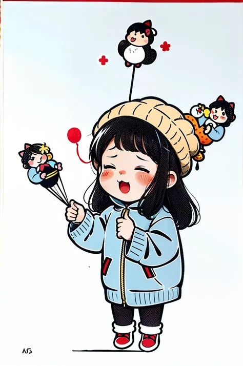 Cute cartoon, chibi girl, Cute cartoon style, cute character, Cute anime, Chibi anime girl, cute artwork, Cute anime style, Anime moe art style，balloons，Skysky，Clouds，adolable，sprout，围巾，Winter hat，himawari，baby cats，snowflower，Angry cute blush，yukito，dance...