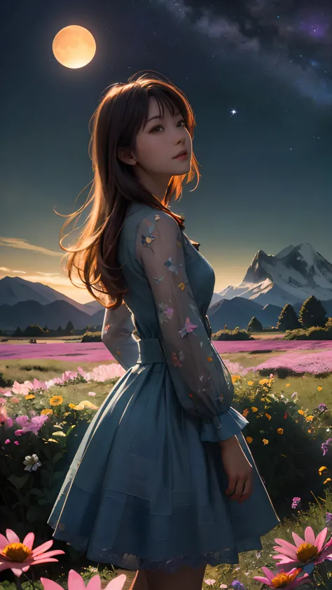 Expansive landscape photography，（a bottom view showing the sky above and open country below），a girl standing in a field of flowers looking up，（moon full：1.4），（meteors：0.9），（Starcloud：1.3），mountain in the distance，tree-breaking production art，（Warm light so...