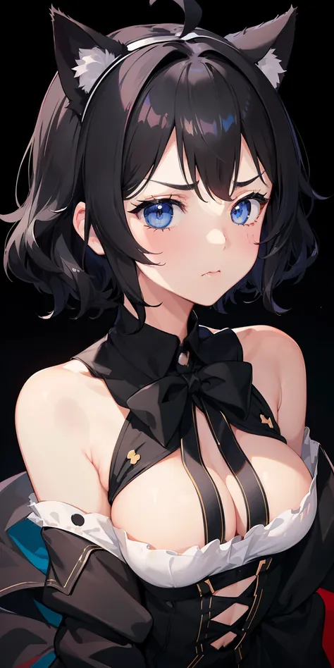 ((Best Quality, high_resolution, Distinct_image)),(Black hair), (Black cat ears), (Ahoge), (absurdly short hair), (Wavy Hair), (Blue eyes),Holding.frown.Line Stickers.From the face.a very cute、full bodyesbian、Wearing a beret