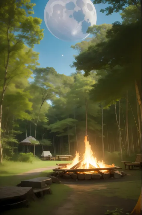 camp、Burning fire、jungles、the woods、a moon、Milky Way Fantasy