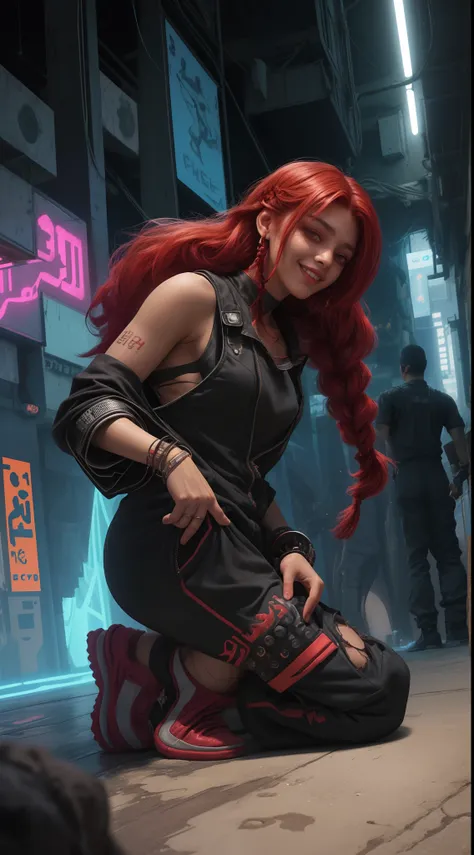 1 Egyptian girl smiling 18 years old in profile ,close up angle, red hair braids , Sexy short jumpsuit clothes,( torn shirtless jumpsuit),seios grandes , kneeling on the floor, (fundo cidade cyberpunk neon a noite) ,8K Ultra realista