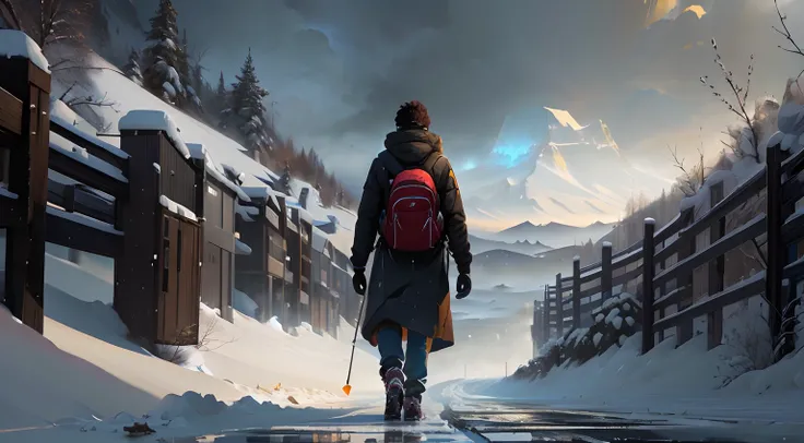 arafed man walking down a snowy road with a backpack and skis, winter concept art, emotional concept art, makoto shinkai cyril rolando, concept art | rhads, cinematic matte illustration, concept art wallpaper 4k, disco elysium artwork, concept art style, c...