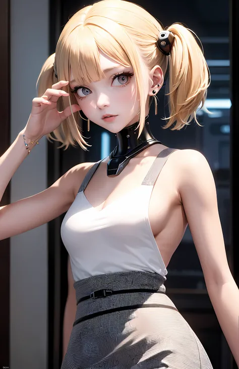 optimum，tmasterpiece，A high resolution，best qualtiy，hyper HD，super detailing，Award-Awarded，16k，独奏，（The upper part of the body），anatomy correct，Beautiful cyberpunk girl，Ex Machina，cute  face，high light，Gradient Beige Hair，Hairline，（（Scarlet eyes）），long eyel...