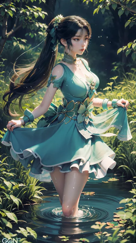 Arapei in a dress stands in the water, Anime girl walking on water, closeup fantasy with water magic, azur lane style, trending on cgstation, Anime girl cosplay, seraphine ahri kda, Splash art anime Loli, trending at cgstation, realistic water, water fairy...