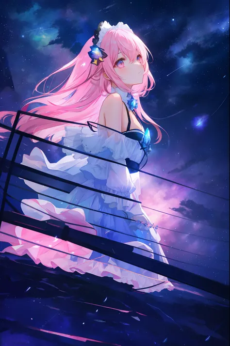 under the starry night sky，Meteors streak across，A beautiful girl looks up at the stars，Pink Long Hair，[，8K，Cleavage is seductive，Misty，（rays of moonlight），cutecolors，eyes with brightness]There are fireflies