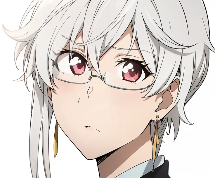 1girl, solo, (masterpiece:1.2, best quality), glasses, ((rim-less eyewear)), anime character with white hair and earrings looking at something, a silver haired mad, white haired deity, yoko taro, neferpitou, nagito komaeda, nyaruko-san, kaworu nagisa, whit...