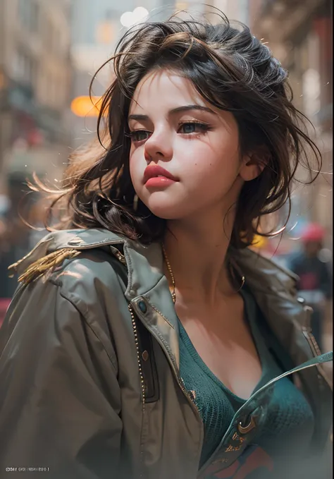 ((Selena Gomez:1.2)) at the top of the gray tank; Ben Bocchau, Michael Garmash, Daniel F. Gerhartz, Clint Sirley, Carne Griffiths, Jean-Baptiste Mong, Strebeck style, Warm dreamy lighting, Matte background, volumetric lighting, Pulp adventure style, Liquid...