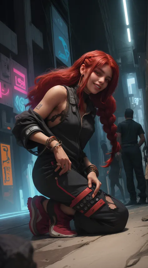 1 Egyptian girl smiling 18 years old profile ,close up angle, Red hair braids , Sexy short jumpsuit clothes,( torn shirtless jumpsuit),seios grandes , kneeling on the floor, (fundo cidade cyberpunk neon a noite) ,8K Ultra realista