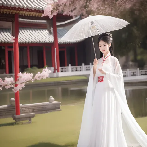 A woman in a white dress holds a white umbrella and looks down, Palace ， A girl in Hanfu, Wearing ancient Chinese clothes, Hanfu, Princesa chinesa antiga, China Princess, Traditional beauty, a beautiful fantasy empress, White Hanfu, ((a beautiful fantasy e...