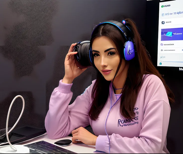 Twitchstreamer feminino, 1girl, usando fones de ouvido, RAW da foto da webcam da mulher jovem, streaming da mesa do computador, twitch, livestream, 8K, alta resolução, altamente detalhado, photo by some famous award-winning photographer, neonlight roxo, fo...