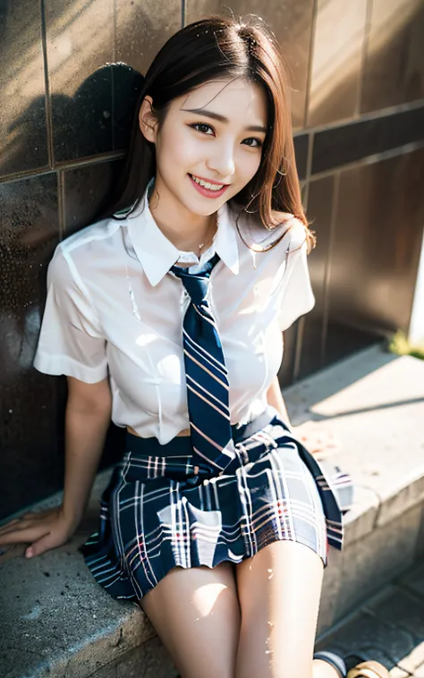 the Extremely Detailed CG Unity 8K Wallpapers、top-quality、ultra-detailliert、​masterpiece、realisitic、Photo Real、extremely detailed cute girl、18year old、(High school student in Japan uniform)、red blush、cparted lips、looking at the viewers、Semi-body shot、(Scen...