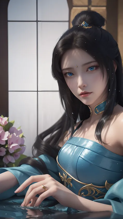 The Arad woman in a blue dress sits at the table, closeup fantasy with water magic, 2. 5 D CGI anime fantasy artwork, Anime fantasy illustration, Detailed digital anime art, beautiful fantasy anime, Smooth anime CG art, Anime fantasy artwork, 8K high quali...