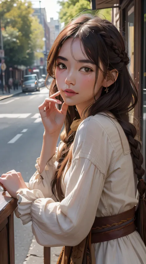 (extremely detailed CG unity 8k wallpaper),  a half body photo of 22 year girl wearing Boho-style dress with earthy tones and flowing fabric, Fishtail Braid , A rustic corner of the market with crates of exotic fruits background, Mirrorless camera with a v...