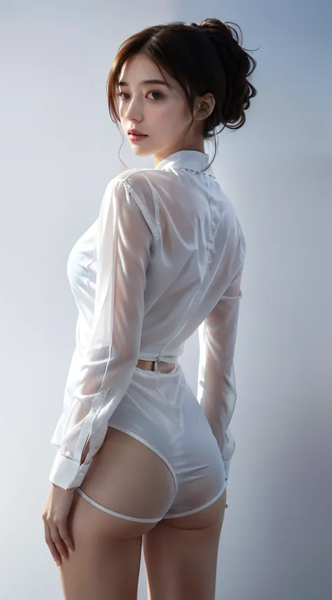 8K quality，((best qualtiy，8k，tmasterpiece:1.3))，Girl with very upturned hips，Face away from the screen，buttock exposure，Wear a transparent white shirt