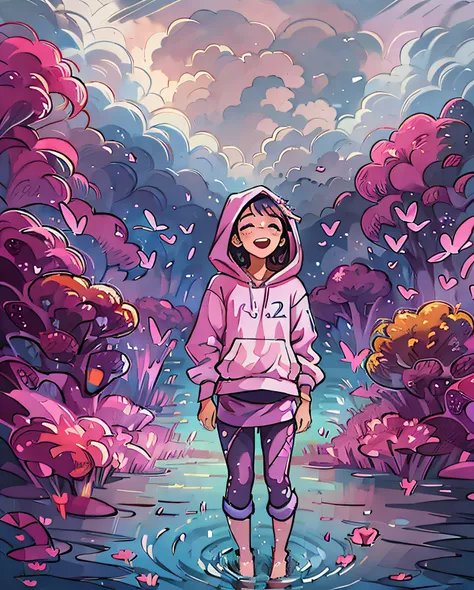 Transport yourself to a captivating moment where a young girl wears a casual shirt, a hoodie, and leggings, her world turned upside-down. Shes immersed in a fantastical realm of floating islands, each adorned with lush vegetation and vibrant colors. The sk...