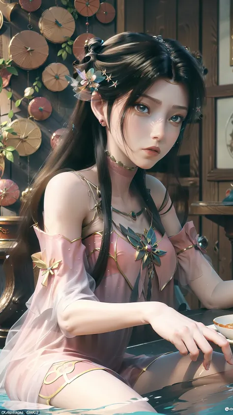 the arad woman in the dress sits at the table, closeup fantasy with water magic, 2. 5 d cgi anime fantasy artwork, anime fantasy...