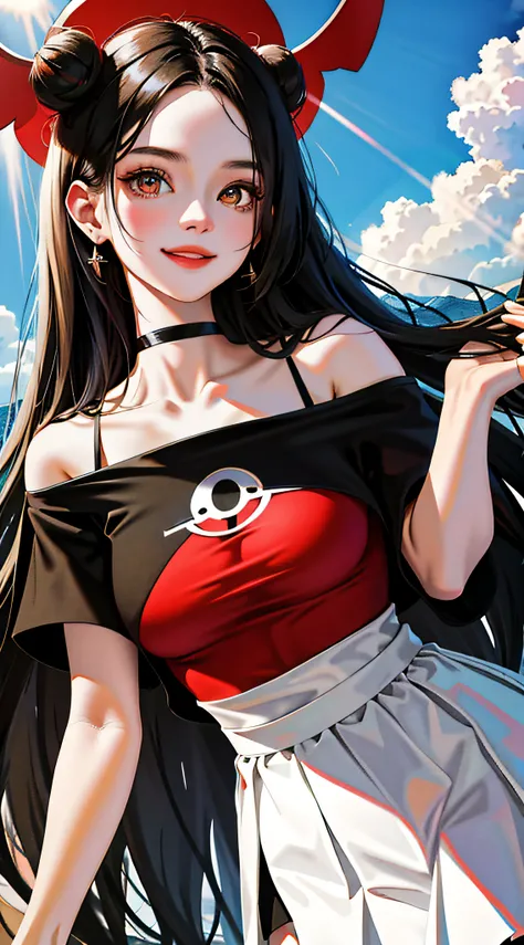 （tmasterpiece，best qualtiy：1.4），1个Giant Breast Girl，Black off-the-shoulder T-shirt on the upper body，The bottom is a red miniskirt，looking at the audience smiling，rays of sunshine，mostly cloudy sky，