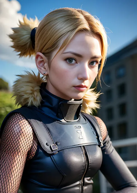 Mulher de cabelos loiros em armadura com rabo de cavalo e jaqueta de couro, portrait of a female anime hero, Parecendo Annie Leonhart, Retrato de Tifa Lockhart, foto de retrato em close-up, como personagem em tekken, foto cosplay, tiro de close-up, Aninha ...