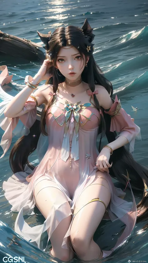 Arapei in a dress stands in the water, Anime girl walking on water, closeup fantasy with water magic, azur lane style, trending on cgstation, Anime girl cosplay, seraphine ahri kda, Splash art anime Loli, trending at cgstation, realistic water, water fairy...