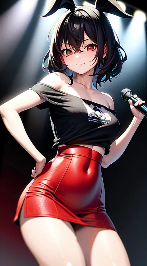 （tmasterpiece，best qualtiy：1.4），1个Giant Breast Girl，Black off-the-shoulder T-shirt on the upper body，The bottom is a red miniskirt，looking at the audience smiling，rays of sunshine，mostly cloudy sky，