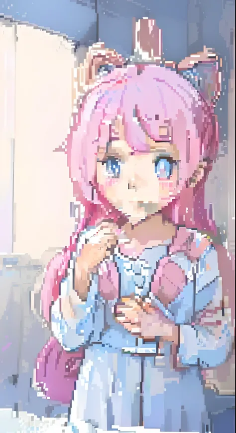 Anime girl brushing teeth in bathroom with pink hair, anime moe art style, Kawaii realistic portrait, Cute anime girl, anime visual of a cute girl, small curvaceous loli, Marin Kitagawa fanart, Soft anime illustration, Splash art anime Loli, Cute anime gir...