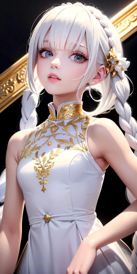 best quality, masterpiece,white hair, gold eyes,white clothes, looking up, upper body,hair strand,Fair skin,side braids