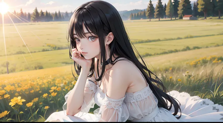 （tmasterpiece，best qualtiy），1 girl with long flowing black hair sitting in the field，her hand under her chin，warm sunlight，white dresses，luck，The skin is delicate