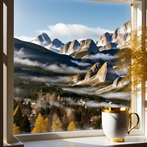 (ceramic white and (gold)--- cup)1.6,(steam)-, (window of mountains (blurry)-- background)1.5, beautiful lighting, extremely detailed