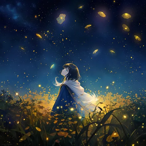 Draw a girl in a flower field，There is a string of lights, little girl with magical powers, girl looks at the space, among wonderful golden fireflies, With stars, DreamlikeArt, among golden fireflies, Shine among the stars, calm evening. Digital illustrati...