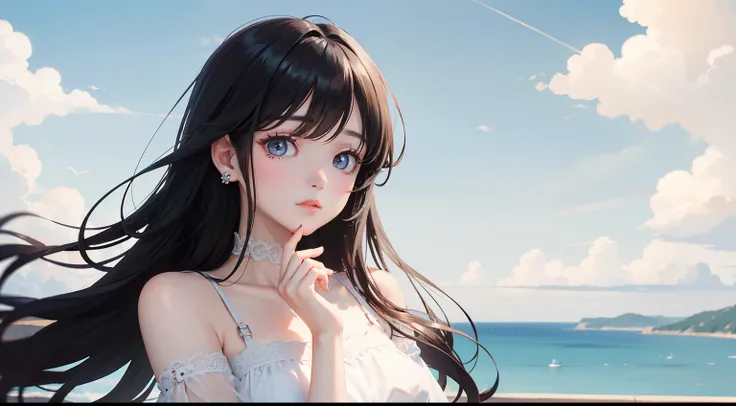 tmasterpiece，best qualtiy，1 girl with long flowing black hair，holding chin in hand，warm sunlight，white dresses，Clouds，Skysky，The skin is delicate，looking at viewert