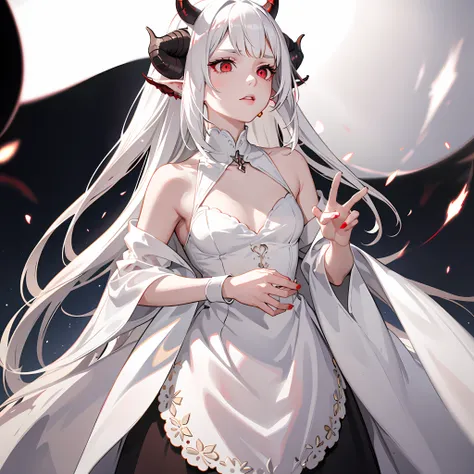 realistic, 1girl, white hair, horns, red eyes, small, young, side lighting bare shoulders, glowing eyes, magic circle, light particles, light rays, wallpaper, demon, pale skin