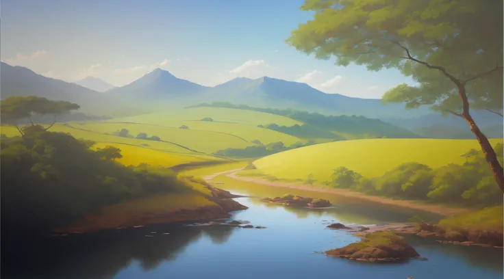 pintura de uma paisagem de montanha com um riacho e uma ponte, papel de parede de paisagem, Pintura digital 4k, Arte bonita UHD 4K, Pintura digital 4K, Pintura digital fosca 4K HD, arte de fundo, Pintura Digital HD, Pintura Digital HDR, pintura digital bon...