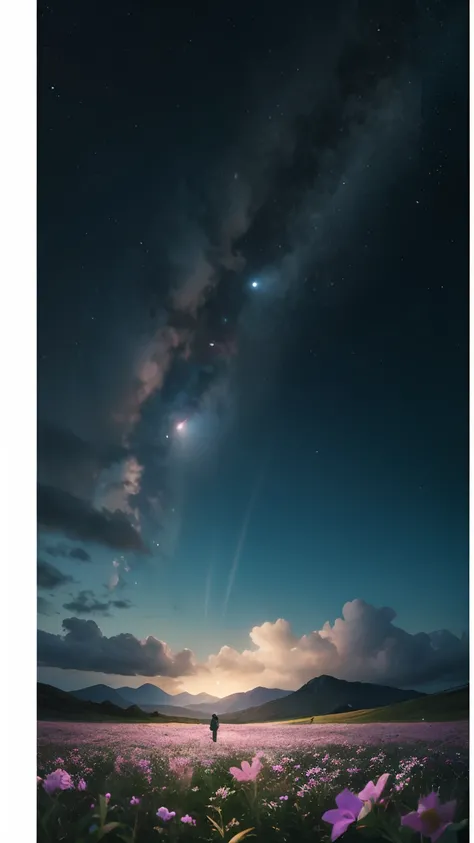 Expansive landscape photography，（a bottom view showing the sky above and open country below），A man stands in a field of flowers looking up，detail in face，（moon full：1.3），（meteors：0.9），（Starcloud：1.3），mountain in the distance，tree-breaking production art，（W...