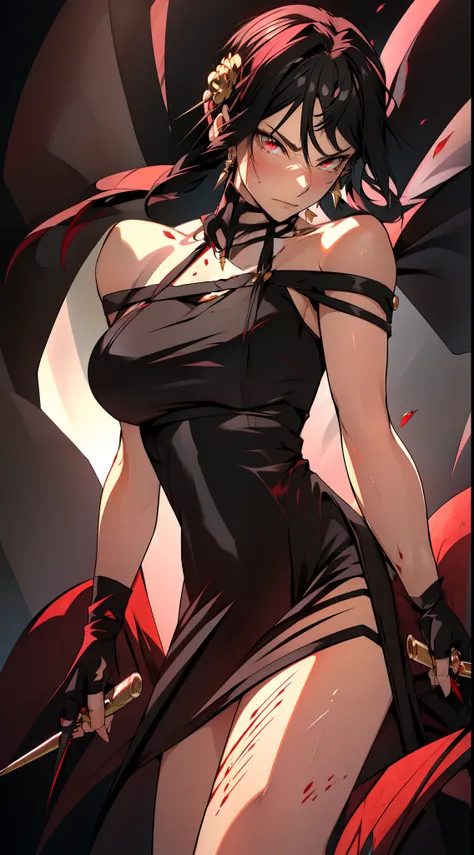 (anime) . ((yor briar), 1woman, backlighting, (bare shoulders), (black background), (black dress), (black gloves), (black hair),...