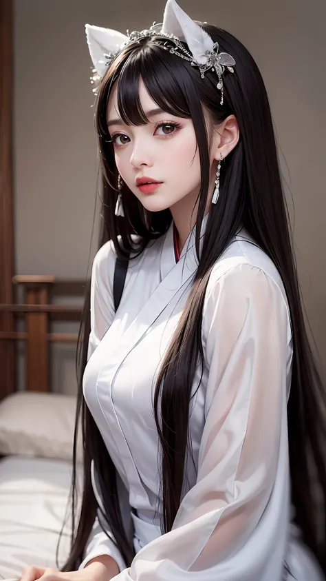 high detal,8K分辨率,超高分辨率,A young girl, A cute girl，lipsticks，Long flowing black hair，waved hair，Colorful clear eyes，Smooth hair,鎖骨,Exquisite and perfect facial features, the most beautiful big eyes,Long eyelashes,The eyes are sweet and there are lying silkwo...