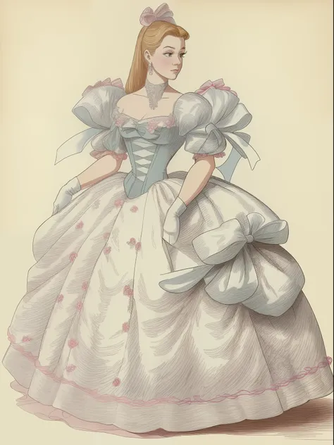 john tenniel art, frustrated greer grammer wearing a stately and elaborate cinderella ballgown of white satin adorned with (((hu...