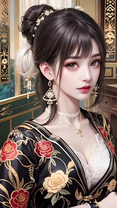 the detail,8K分辨率,超高分辨率,A young Miao girl, a cute girl，short detailed hair，hair-bun，lipsticks，Tassel earrings，choker necklace，Black clear eyes，Smooth hair,鎖骨,Delicate and perfect facial features, the most beautiful big eyes,Long eyelashes,The eyes are sweet...