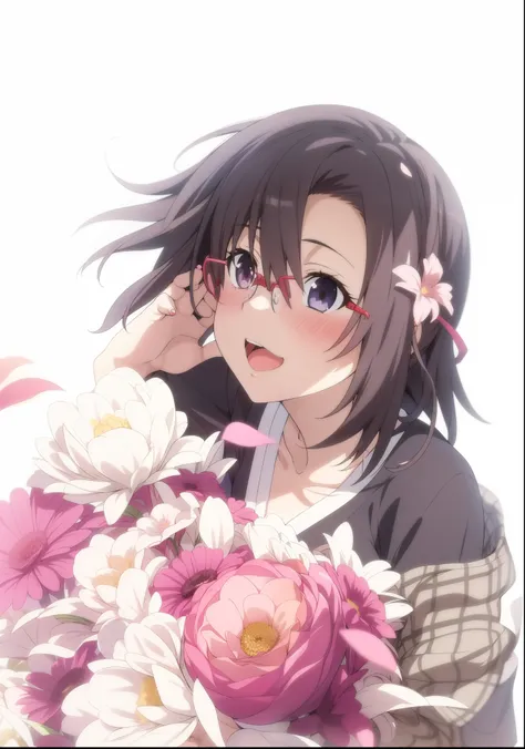 anime girl with flowers in her hair and a black shirt, yuyushiki, Momo hinamori, Bleach, inspired by Okumura Masanobu, with flowers, hana yata, shuushuu anime image, romanticism lain, ( ( ( yoshinari yoh ) ) ), tsurumaki kazuya, rin, hijikata toushirou, 1g...