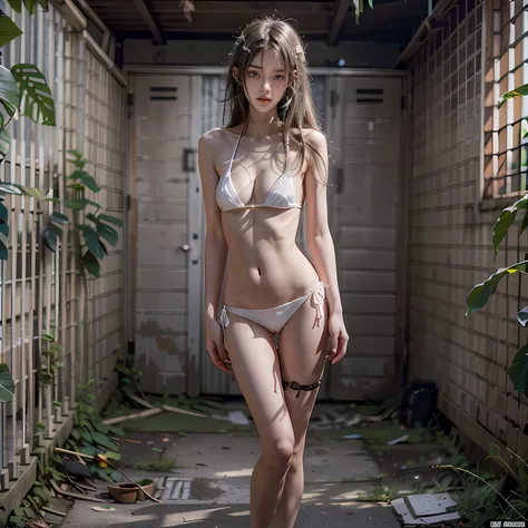 Abandoned cells sexy standing，Full body portrait 1.1，Random white transparent small bikini，Slender and slender figure，Skinny，As thin as a whipping post，Smaller bust，The barefoot，((Random nudity throughout the body1.1))，exhibitionists，(((Random exposure of ...