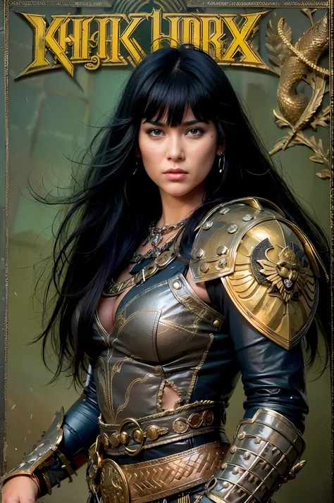 Una mujer vestida como Xena, The warrior princess and with a strange style hair and makeup, Pose for the cover of a rock metal album. (La mejor calidad)  obra maestra (pechos grandes) ((cabello rubio)) (cuerpo delgado)