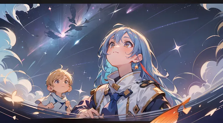 tmasterpiece，Best picture quality，Starry sky at night，Boy and girl looking up at the sky，Bi-shot，Colorful clouds，Shining starry sky，Shooting stars cut through the sky，dream colors，Wide angle and fisheye lens，Meticulous CG illustration，Unified 8k wallpaper。