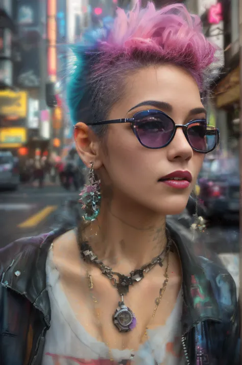 Femme arafed aux cheveux roses et lunettes de soleil dans une rue de la ville, Style cyberpunk ， Hyperrealistic, Couleur de style cyberpunk, hyper-realistic cyberpunk style, dans le style cyberpunk, Cyberpunk Pincushion Lens Effet, Look cyberpunk, Anime st...