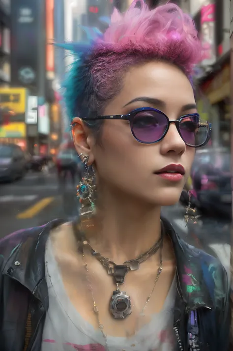 Femme arafed aux cheveux roses et lunettes de soleil dans une rue de la ville, Style cyberpunk ， Hyperrealistic, Couleur de style cyberpunk, hyper-realistic cyberpunk style, dans le style cyberpunk, Cyberpunk Pincushion Lens Effet, Look cyberpunk, Anime st...