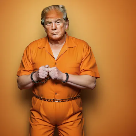 (realistic portrait photo of donald trump, orange jumpsuit, handcuffs)